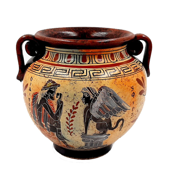 Ancient Greek Vase 15cm,Krater Multicolored,Showing Oedipus and the Sphinx - ifigeneiaceramics