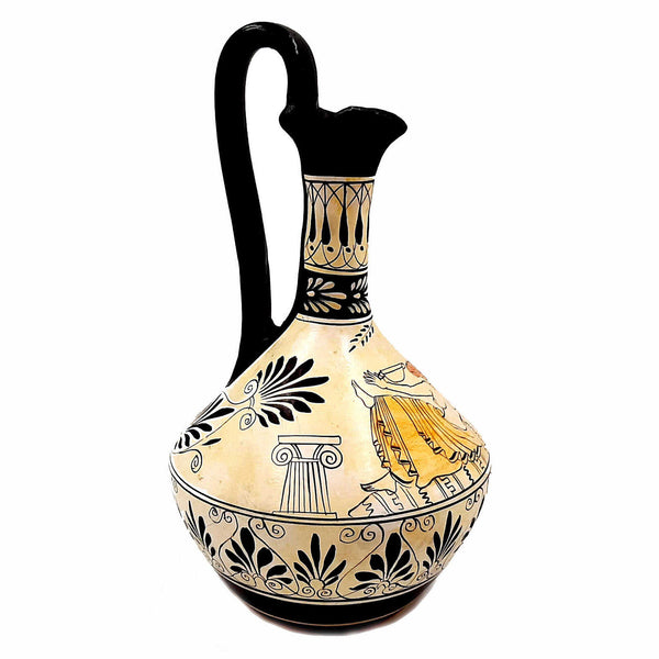 Oinochoe grec, vase en poterie au sol blanc 25cm, Nymphes