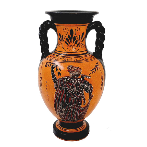 Black Figure Amphora Vase 22cm ,God Dionysus with Satyr,Goddess Artemis - ifigeneiaceramics