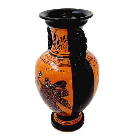 Black Figure Amphora Vase 22cm ,God Dionysus with Satyr,Goddess Artemis - ifigeneiaceramics