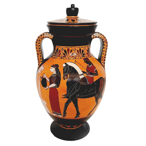 Black figure Pottery Amphora with lid 24cm, Iliad battle scene over Patroclus body - ifigeneiaceramics