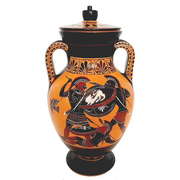 Black figure Pottery Amphora with lid 24cm, Iliad battle scene over Patroclus body - ifigeneiaceramics