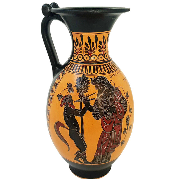 Black figure Pottery Vase  32cm,Satyr with Menas and God Dionysus - ifigeneiaceramics