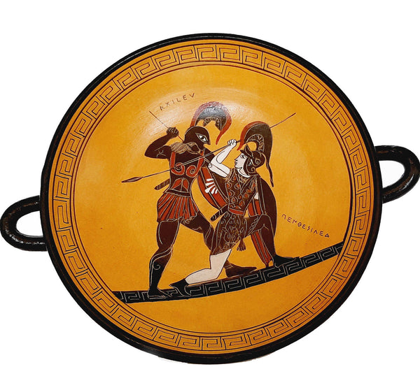 Greek Kylix 20cm,Black figure Pottery,Achilles killing Penthesilea - ifigeneiaceramics