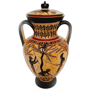 Black figure replicas Amphora with lid 29cm,Olive harvesting and Pholos receiving Heracles - ifigeneiaceramics