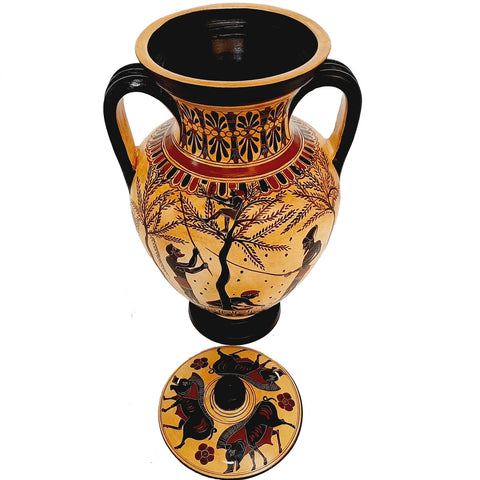 Black figure replicas Amphora with lid 29cm,Olive harvesting and Pholos receiving Heracles - ifigeneiaceramics