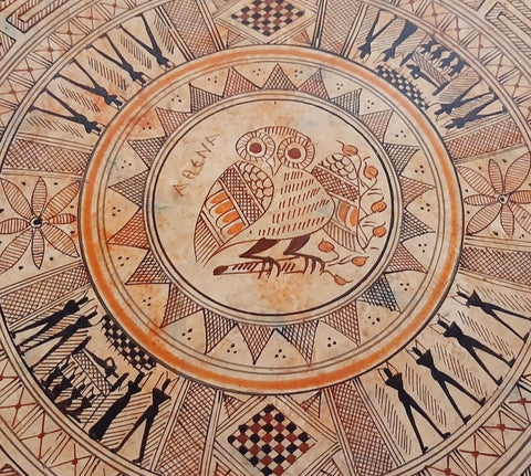 Assiette grecque en céramique 28cm, poterie géométrique, hibou au milieu