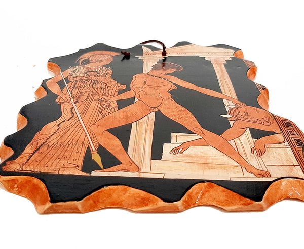 Ceramic Slab 17x20cm,Red figure Pottery,Theseus and the minotaur - ifigeneiaceramics