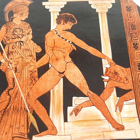 Ceramic Slab 20x26cm,Red figure Painting,Theseus and the minotaur - ifigeneiaceramics