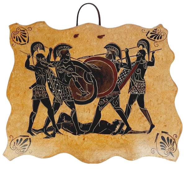 Ceramic Slab (26x20)cm,Black figure Painting,Iliad battle scene over Patroclus body - ifigeneiaceramics