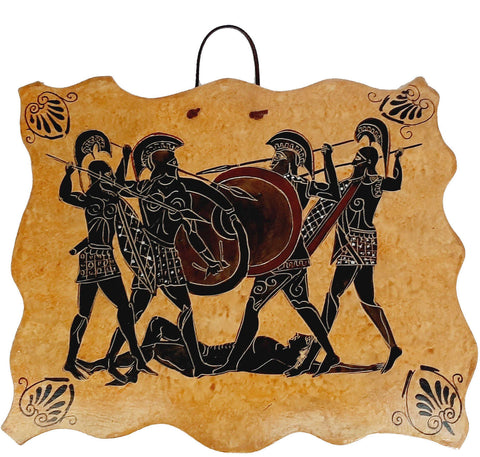 Ceramic Slab (26x20)cm,Black figure Painting,Iliad battle scene over Patroclus body - ifigeneiaceramics