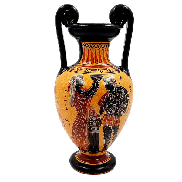 Greek Amphora 24cm,Ceramic Pottery,shows God Dionysus,Achilles with Pithia - ifigeneiaceramics