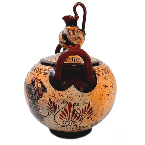 Greek Ceramic Canister 20cm with lid, Satyr with Manaeds - ifigeneiaceramics