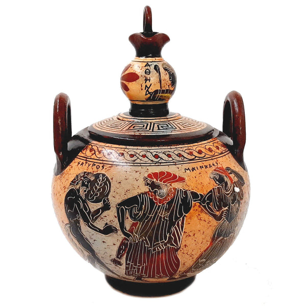 Greek Ceramic Canister 20cm with lid, Satyr with Manaeds - ifigeneiaceramics