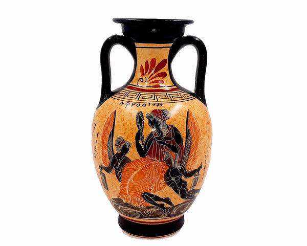 Greek Ceramic Pottery Vase,Amphora 22cm,Showing Goddess Aphrodite with Eros and Pothos - ifigeneiaceramics