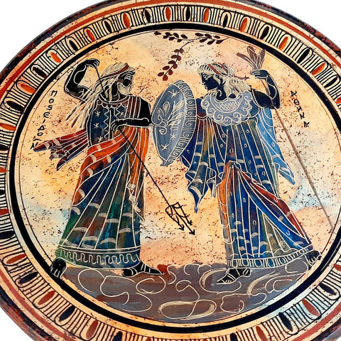 Ελληνικό Κεραμικό Πιάτο 28cm Πολύχρωμο,Θεός Ποσειδώνας με Θεά Αθηνά