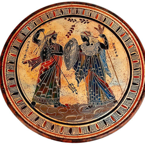 Assiette en céramique grecque 28 cmMulticolore, Dieu Poséidon avec la Déesse Athéna