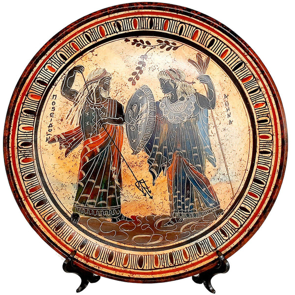 Assiette en céramique grecque 28 cmMulticolore, Dieu Poséidon avec la Déesse Athéna