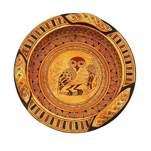 Panier de poterie géométrique grecque 18 cm de diamètre, hibou au milieu