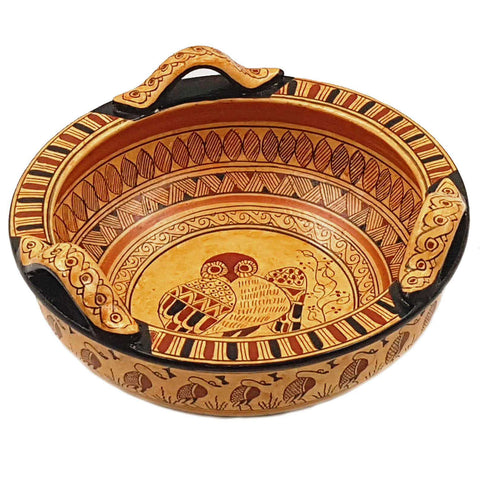 Panier de poterie géométrique grecque 18 cm de diamètre, hibou au milieu