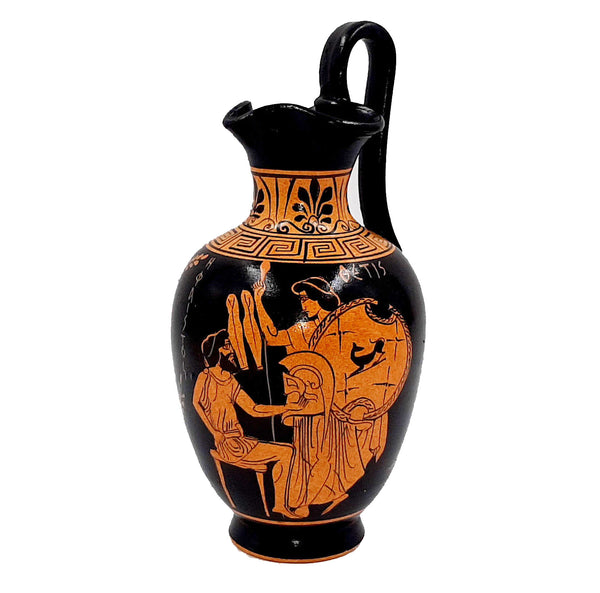Greek Oinochoe Red figure Pottery 19cm, shows God Hephaestus with Thetis,Goddess Aphrodite - ifigeneiaceramics