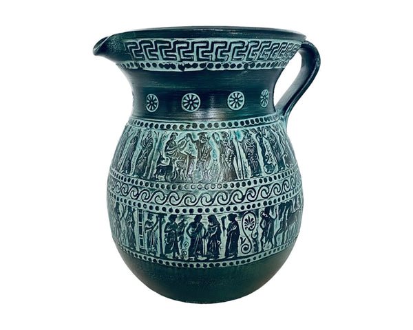 Oinochoé grec, terre cuite en relief, vase en poterie 21 cm, scènes de la mythologie grecque antique