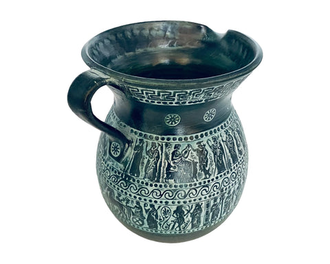 Oinochoé grec, terre cuite en relief, vase en poterie 21 cm, scènes de la mythologie grecque antique