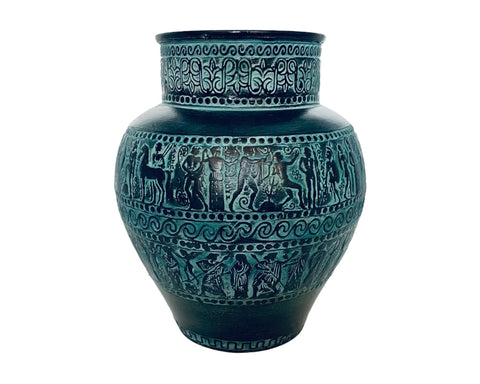 Pithari grec, terre cuite en relief, vase en poterie 21 cm, scènes de la mythologie grecque antique