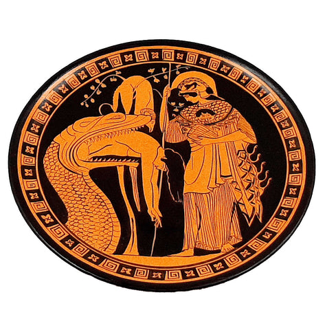 Ελληνική πλάκα 24 εκ., Ερυθρόμορφη κεραμική, δείχνει τον Ιάσονα ξεφτιλισμένο από το τέρας και τη θεά Αθηνά