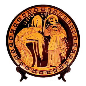 Greek Plate 24cm,Red Figure Pottery,Jason disgorged by the monster,Athena - ifigeneiaceramics