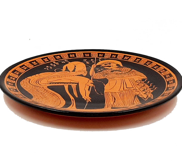 Assiette grecque 24 cm, poterie à figures rouges, montre Jason dégorgé par le monstre et la déesse Athéna