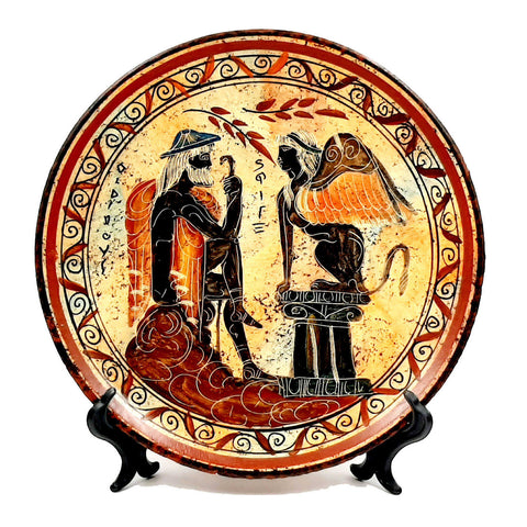 Greek Plate 24cm diameter, Ancient Greek pottery,Oedipus and the Sphinx - ifigeneiaceramics