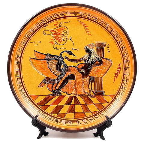Greek Plate 28cm diameter, Orange background,God Zeus as swan seduces Leda - ifigeneiaceramics