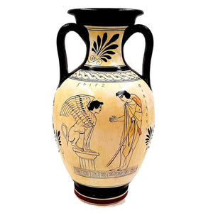 Greek Pottery Amphora 26cm,Attic White Ground,Oedipus and Sphinx,God Dionysus - ifigeneiaceramics