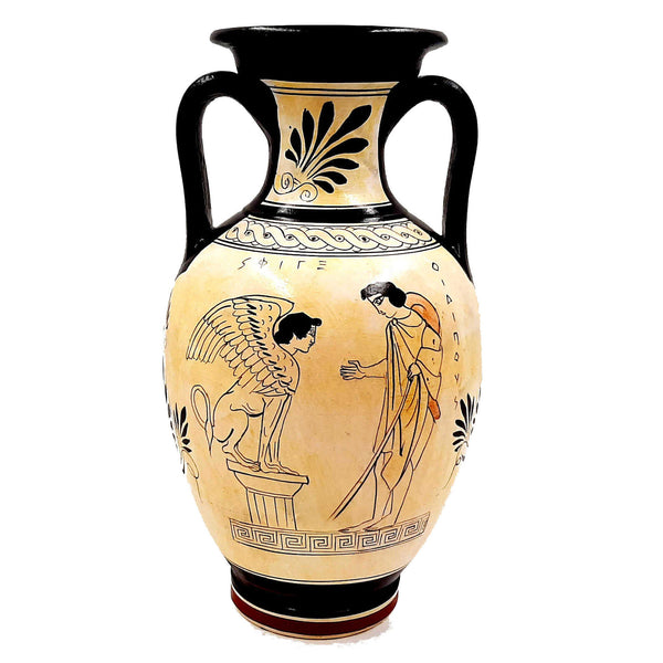 Amphore de poterie grecque 26 cm, sol blanc grenier, Œdipe et Sphinx, Dieu Dionysos