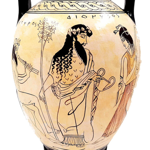 Amphore de poterie grecque 26 cm, sol blanc grenier, Œdipe et Sphinx, Dieu Dionysos