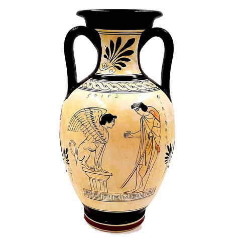 Greek Pottery Amphora 26cm,Attic White Ground,Oedipus and Sphinx,God Dionysus