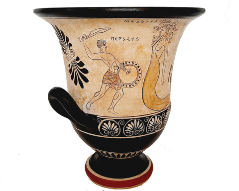 Kratère de poterie grecque 26 cm, fond blanc, Ades avec Perséphone, Persée avec Méduse