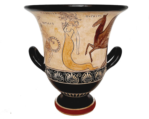 Kratère de poterie grecque 26 cm, fond blanc, Ades avec Perséphone, Persée avec Méduse