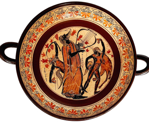 Greek Pottery  Kylix 31cm,God Dionysus with Satyrs - ifigeneiaceramics