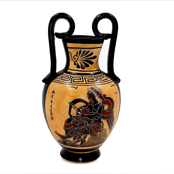 Greek Pottery Pot,Black Figure Amphora 16cm,Showing God Apollo - ifigeneiaceramics