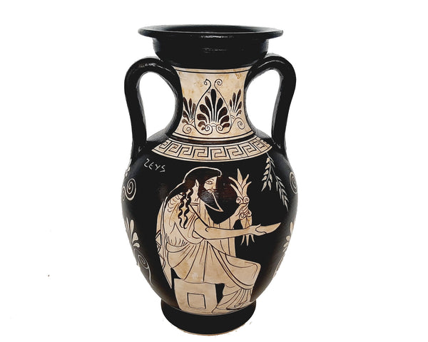 Vase en poterie grecque 22 cm, figure blanche, déesse Hestia et dieu Zeus