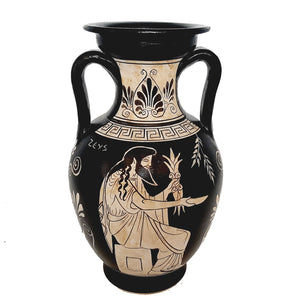 Copie d'un vase en poterie grecque 22 cm, figure blanche, déesse Hestia et dieu Zeus