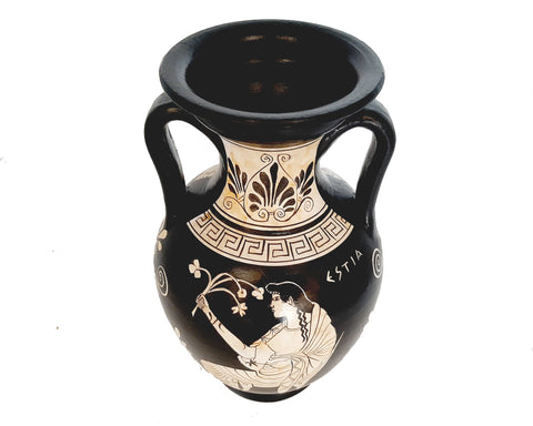 Vase en poterie grecque 22 cm, figure blanche, déesse Hestia et dieu Zeus