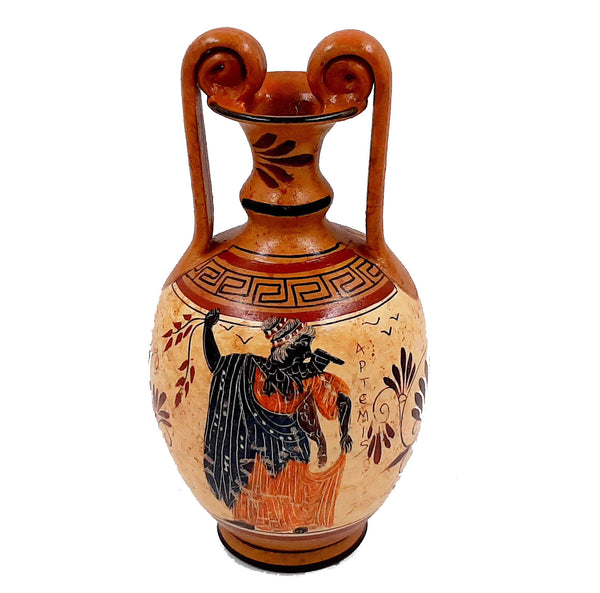 Greek Pottery Vase 24cm, Amphora with Brown shades, shows Goddess Aphrodite and Goddess Artemis - ifigeneiaceramics
