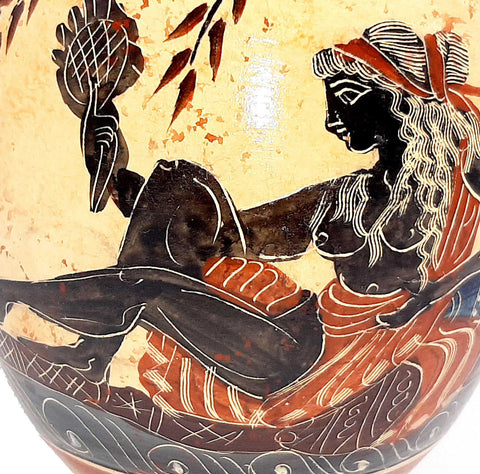 Greek Pottery Vase 24cm, Amphora with Brown shades, shows Goddess Aphrodite and Goddess Artemis - ifigeneiaceramics