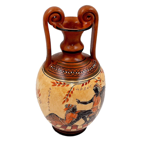 Greek Pottery Vase 24cm, Amphora with Brown shades, shows Goddess Aphrodite with Adonis