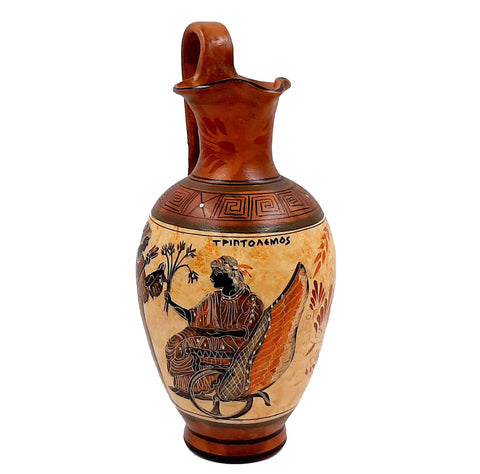 Greek Pottery Vase 30cm,Oinochoe with Brown shades, shows Triptolemus with Demeter and  God Hermes - ifigeneiaceramics