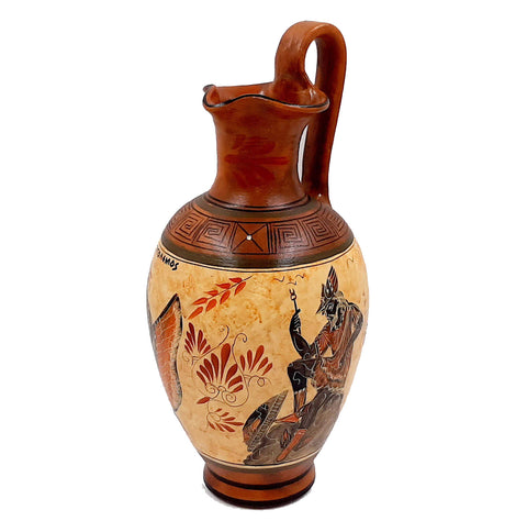 Greek Pottery Vase 30cm,Oinochoe with Brown shades, shows Triptolemus with Demeter and  God Hermes - ifigeneiaceramics