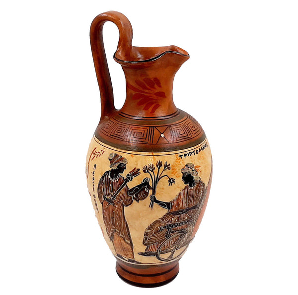 Greek Pottery Vase 30cm,Oinochoe with Brown shades, shows Triptolemus with Demeter and  God Hermes - ifigeneiaceramics